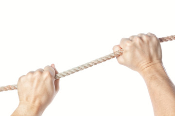 A man hanging from a rope in her arms. Closeup.