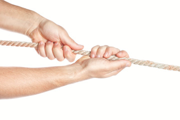 Man pulls something rope with both hands. On a white background.