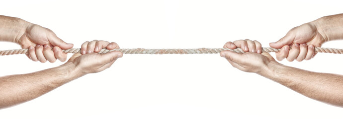 Two people are pulling a rope competing hands. On a white backgr