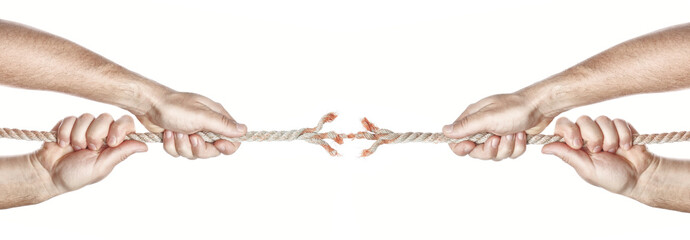 Two men break the rope hands competing. On a white background.