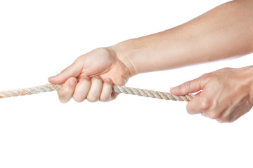 Male hands pulling the rope. On a white background.