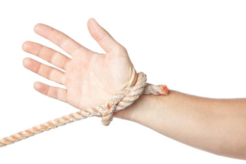 Concept image, tied hand on a white background.