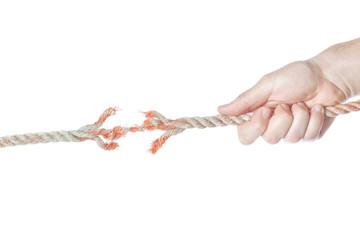 The rope is broken in the men's hands. On a white background.
