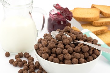 milk and chocolate cereal, breakfast