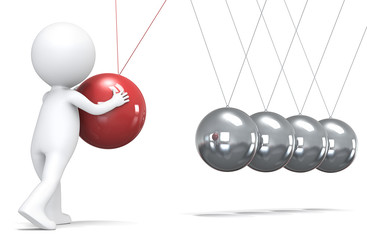 Management.3D little human character pushing a ball in pendulum