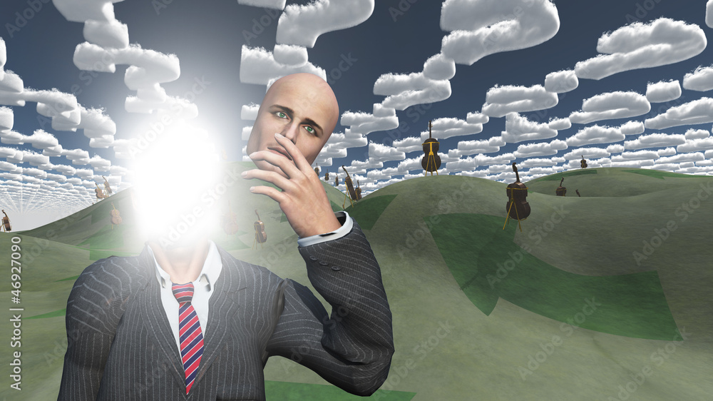 Poster man removes face showing light in landscape with question shape