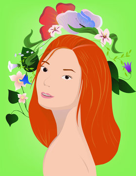 redhair girl with flowers on green