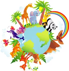 Wall murals Zoo Cartoon animals walking around a globe