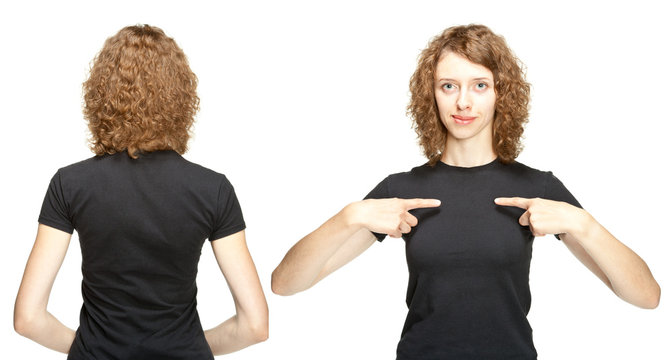 Young woman in black t-shirt  rear view and full face