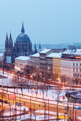 Beautiful Church of Maria Siege at Europe square at winter