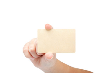Female hand with a blank card isolated on white