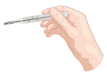 The hand holds a thermometer.