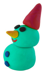Happy blue snowman with hat made from clay on white