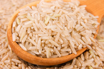 Raw brown rice in wooden spoon close-up