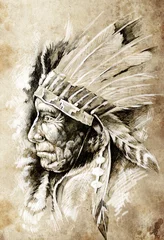 Photo sur Plexiglas Indiens Croquis de l& 39 art du tatouage, tête indienne amérindienne, chef, vintag