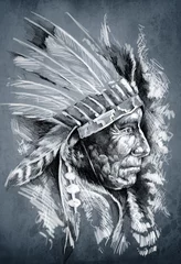 Papier Peint photo Lavable Indiens Croquis de l& 39 art du tatouage, tête indienne amérindienne, chef, sale