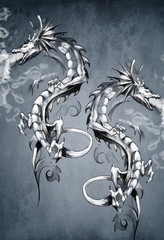 Two fantasy dragons, tattoo art