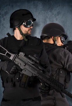 Two soldiers, swat and police concept