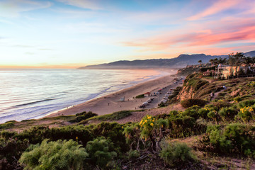 Naklejka premium Zachód słońca nad zatoką Santa Monica