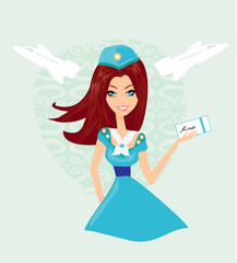 Fototapeta premium Beautiful stewardess with ticket