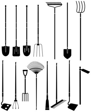 Silhouette set of long handled gardening tools