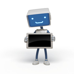 cute toy robot holding digital frame