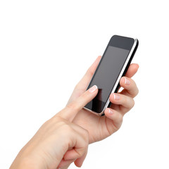female hands holding a phone and touches the screen