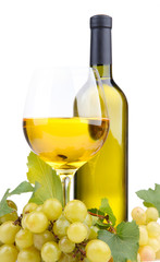 bottle and glass of wine and grapes, isolated on white