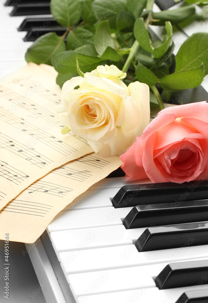 Sticker background of piano keyboard with roses