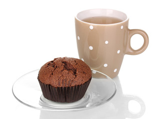Fresh muffin with tea isolated on white
