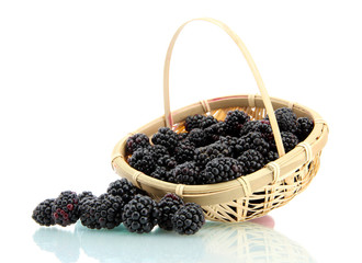 Fototapeta na wymiar beautiful blackberries with leaves in basket isolated on white