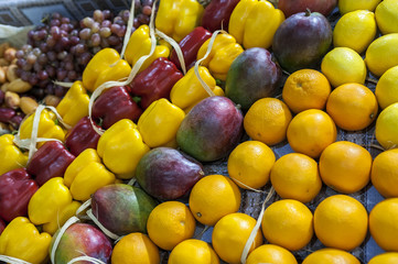 fruits and vegetables at market close-up background