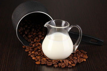Coffee maker and milk on brown table