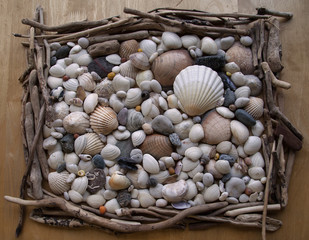 Shells - texture / background - pebbles, driftwood and stones.