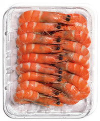 Boiled shrimp in plastic pack isolated on white