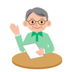 手を挙げるシニア男性