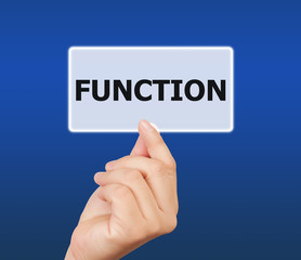 man hand holding button function keyword