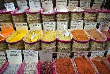 Assorted herbs and spices in market