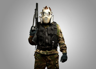 Portrait Of A Soldier With Gas Mask