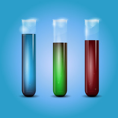 Three transparent test tubes with liquid on blue background