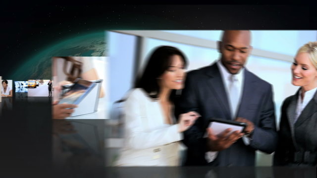 Montage 3D view featuring successful groups of business people