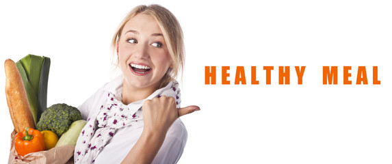 Positive woman with a vegetarian meal. Vegetarians