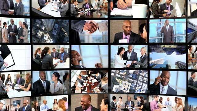 Montage 3D view featuring successful groups of business people