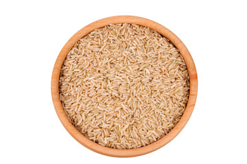 Raw brown rice in wooden bowl isolated on white (clipping path)