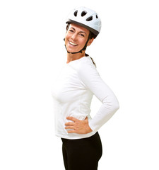 Woman wearing helmet with hand on hip