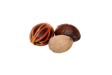 Three whole nutmegs - covered in mace, in case and seed