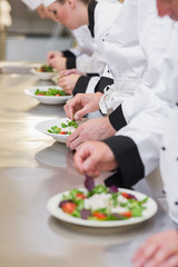 Obraz na płótnie Canvas Chef's team garnishing salads