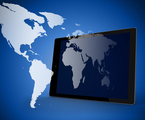 Tablet pc standing against dark blue background with world