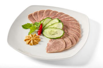 Boiled pork tongue with greens and mustard