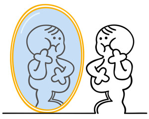 figur mit übergewicht vor spiegel